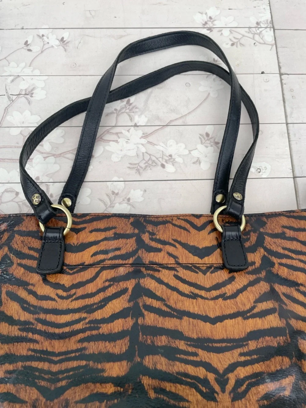 Patricia Nash Black Leather Duffel with Brown Suede Interior